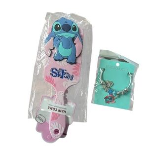 STITCH pink Hair Brush and stainless steel Bracelet Set